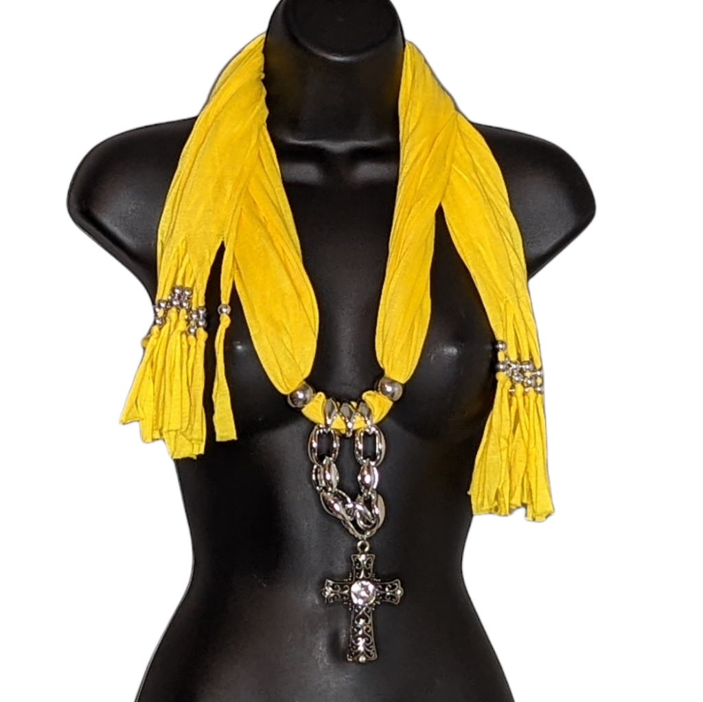 Yellow Scarf With Plastic And Metal Accents